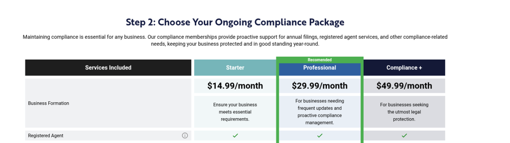 Screenshot of the LLC Attorney pricing details page, October 2025
