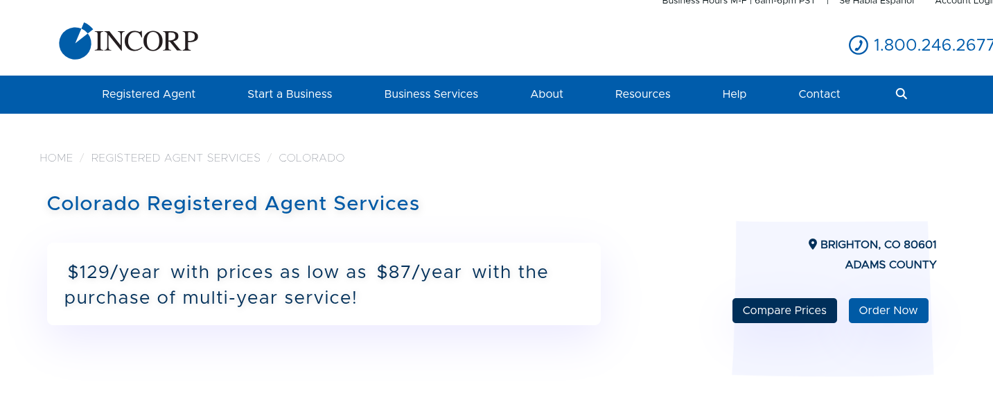 Screenshot of the Inc Corp Colorado registered agent page, October 2025