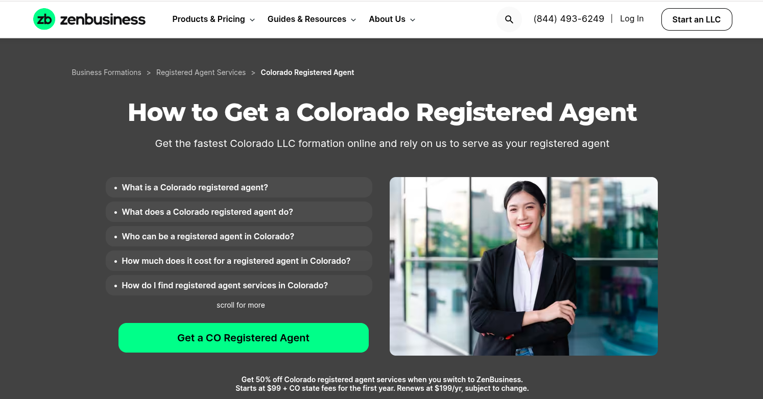 Screenshot of the Zen Business Colorado Registered Agent page, October 2025