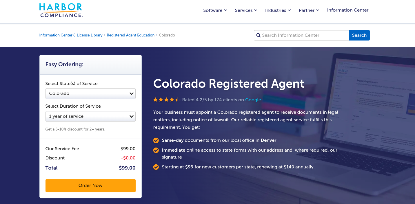 Screenshot of the Harbor Compliance Colorado Registered Agent page, October 2025