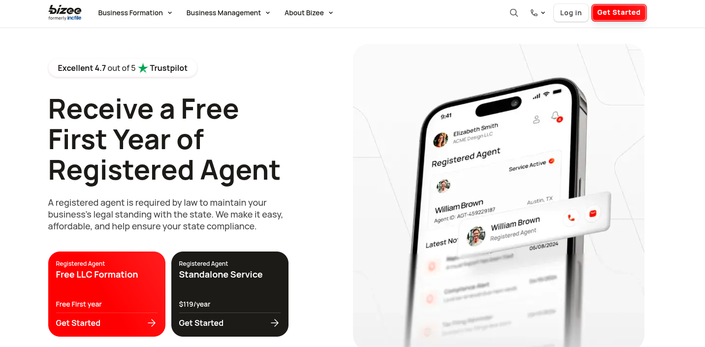 Screenshot of the Bizee Registered Agent page, October 2025