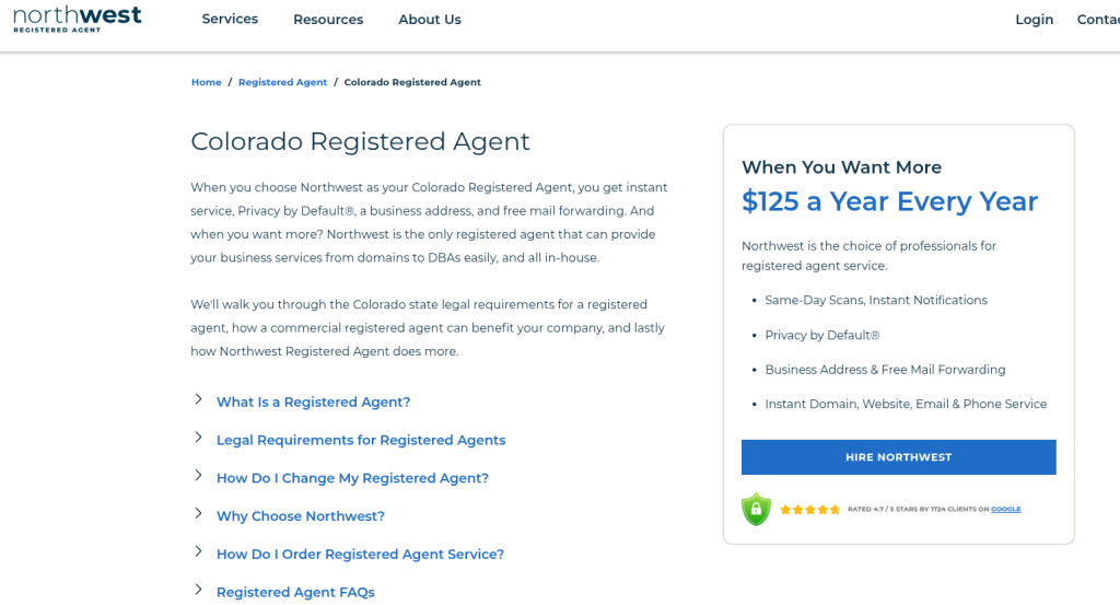 Screenshot of the Northwest Registered Agent Colorado registered agent page, October 2025