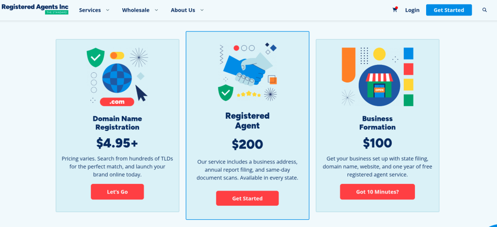 Screenshot of the Registered Agents Inc services page, October 2025